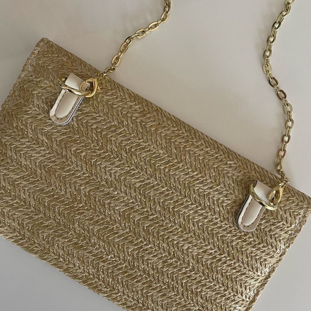 DIOR Tan Beige Woven Chain Bag raffia gold chain purse wristlet clutch LOGO - Picture 4 of 10